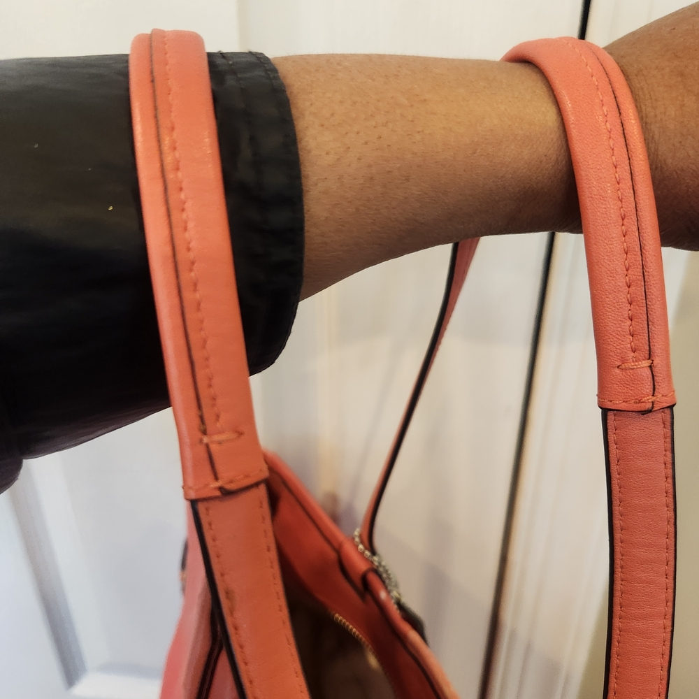 Coach Dark Peach And Light Melon Striped Leather Tote Bag GUC - Picture 8 of 11